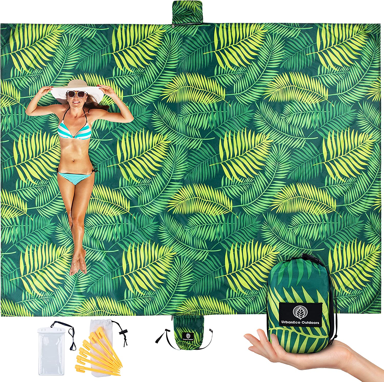 Oversized 107" x 77" - Waterproof Sandproof - Double Anchored for Fun Leisure Beach Blanket - With Stake Pouch and Plastic Stakes